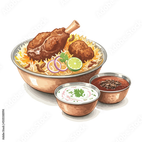 Mutton Dum biryani in a brass bowl with Raita and salan, Isolated on Transparent Background – Watercolour Illustration
