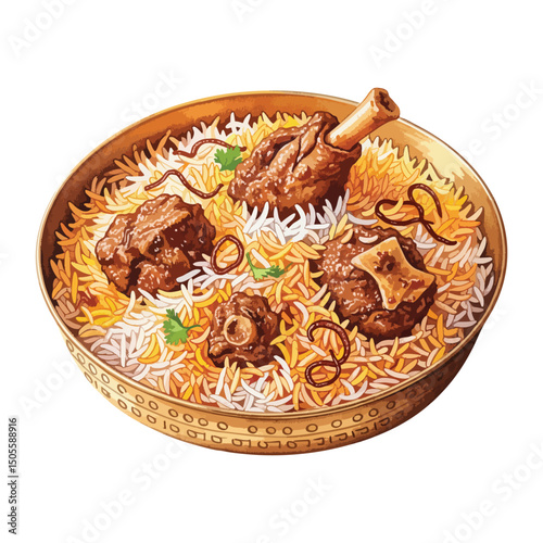 Mutton Dum biryani in a brass bowl Isolated on Transparent Background – Watercolour Illustration