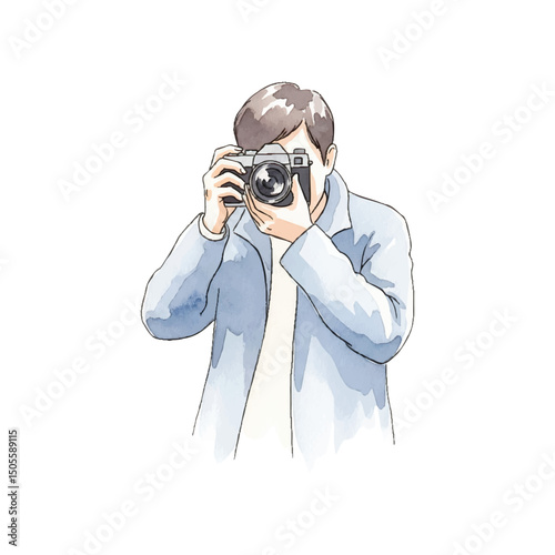 A photographer holding his camera Isolated on Transparent Background – Watercolour Illustration