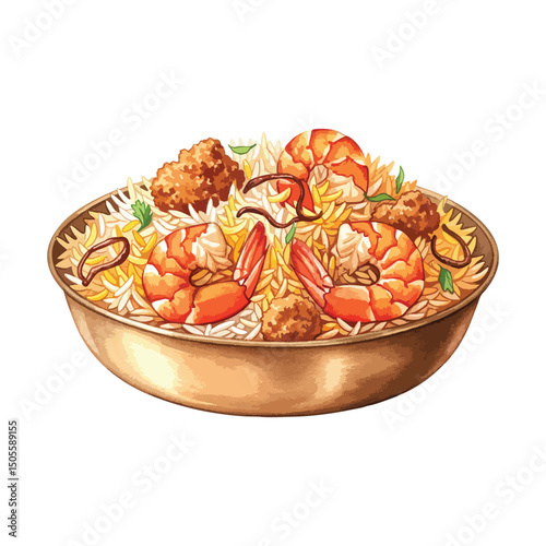 Authentic prawn biryani in a brass plate Isolated on Transparent Background – Watercolour Illustration