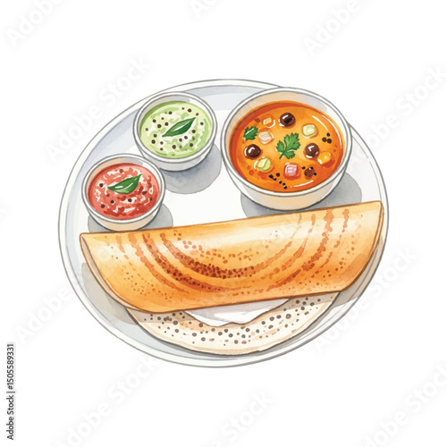 Plate of Dosa, Sambar and chutney Isolated on Transparent Background – Watercolour Illustration
