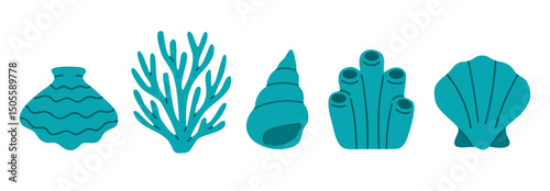 Set of blue ocean-themed vector icons including shells, corals, and tube sponges for aquatic projects