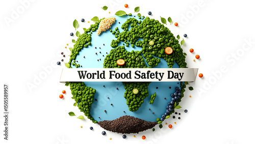 Creative world food safety day design featuring an earth map composed of diverse food items, promoting the importance of safe food worldwide photo