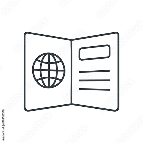 Flat line icon of digital international passport, secure border crossing document, biometric ID for global mobility and visa processing