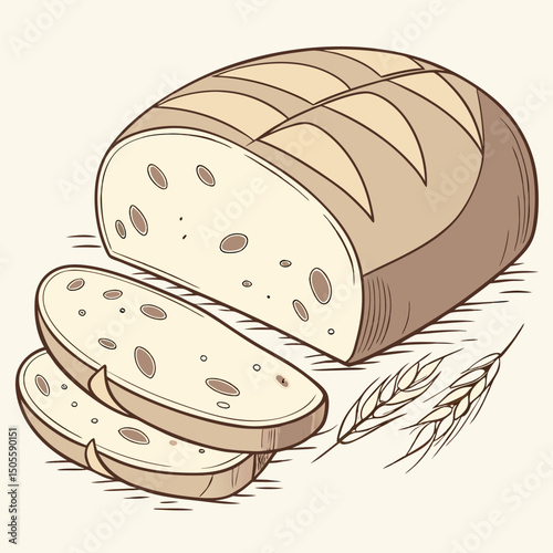 Realistic vector artwork of sourdough bread, showcasing its crusty texture and artisan appeal—perfect for bakery, culinary, and food-themed digital projects.