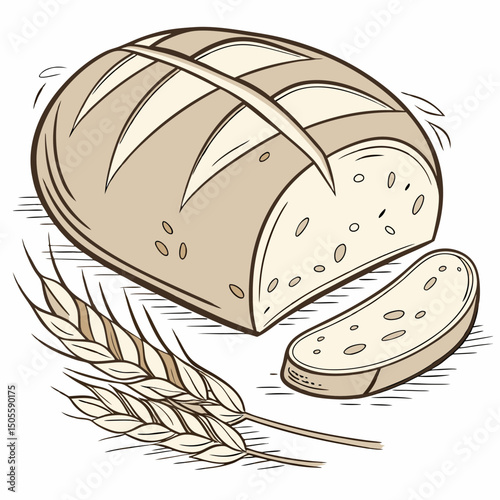 Realistic vector artwork of sourdough bread, showcasing its crusty texture and artisan appeal—perfect for bakery, culinary, and food-themed digital projects.