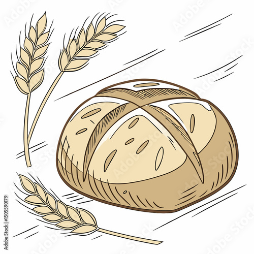 Realistic vector artwork of sourdough bread, showcasing its crusty texture and artisan appeal—perfect for bakery, culinary, and food-themed digital projects.