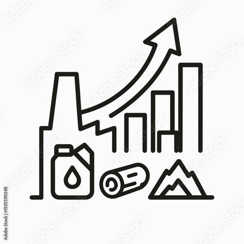 Line art graphic depicting growth with oil, wood, and mountains  