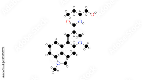 methysergide molecule, structural chemical formula, ball-and-stick model, isolated image serotonin antagonist