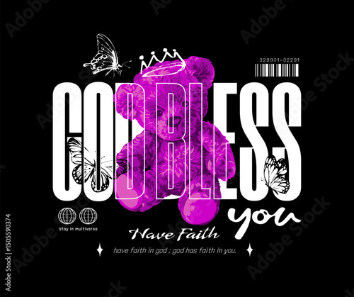 god bless slogan with invert color bear doll and butterflies vector illustration created by hand drawn