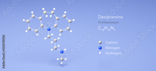 desipramine molecule, molecular structure, antidepressant 3d model, Structural Chemical Formula and Atoms with Color Coding photo