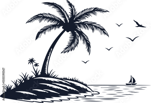 Tropical Island with Single Coconut Tree – Minimal Summer Silhouette Vector
