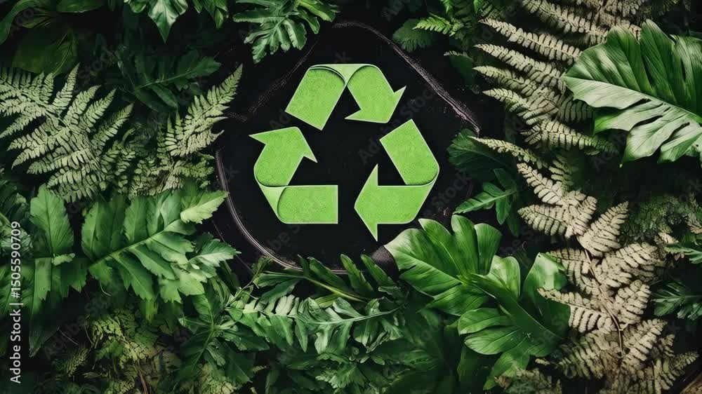Concept image showing green recycle symbol surrounded by lush foliage and ferns, signifying environmental conservation and sustainability.