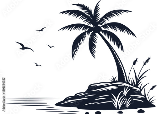 Tropical Island with Single Coconut Tree – Minimal Summer Silhouette Vector