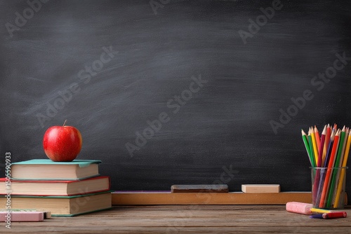 A red apple rests atop stacked books before a chalkboard; colored pencils and erasers are nearby