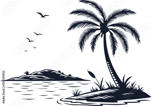 Tropical Island with Single Coconut Tree – Minimal Summer Silhouette Vector