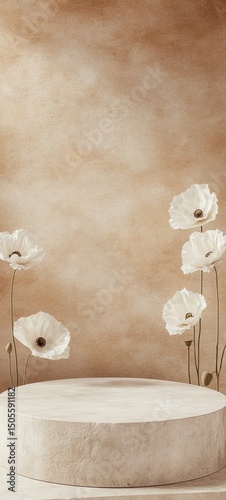 Elegant round stone pedestal with white flowers on beige background, minimal display scene