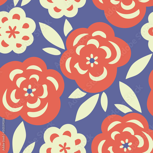 Decorative floral seamless pattern with vibrant red and cream flowers arranged on a purple background.