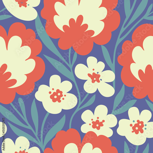 Vibrant hand drawn floral seamless pattern in red cream and teal on a purple background