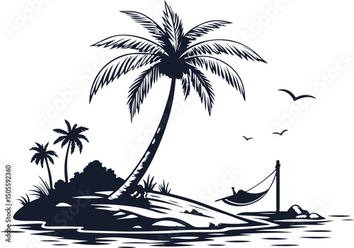 Tropical Island with Single Coconut Tree – Minimal Summer Silhouette Vector