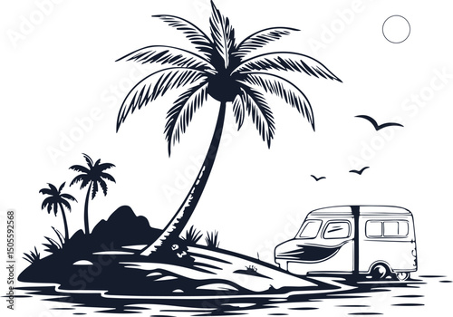 Tropical Island with Single Coconut Tree – Minimal Summer Silhouette Vector