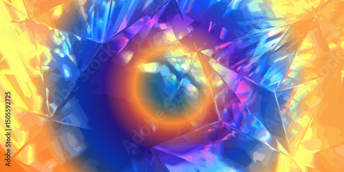 Abstract multicolored gradient with circular light effect and faceted crystal texture. Digital background illustration. Futuristic and energy concept. Design for wallpaper, poster, banner, header.