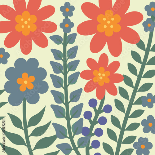 Vibrant and colorful flat design floral seamless pattern featuring blossoming flowers and foliage