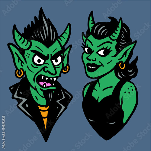 zombie goblin devil couple fang slick hair tattoo illustrator earings cool ruska studio green