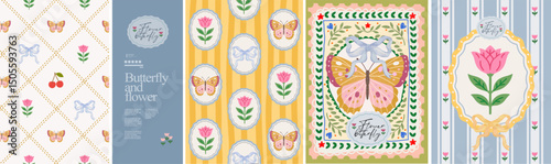 Butterfly and flowers.Vector french cute girly floral illustration seamless pattern, wallpaper, cameo, ribbon bow, cherry for italian postage stamp, frame, poster. background, wall art or textile