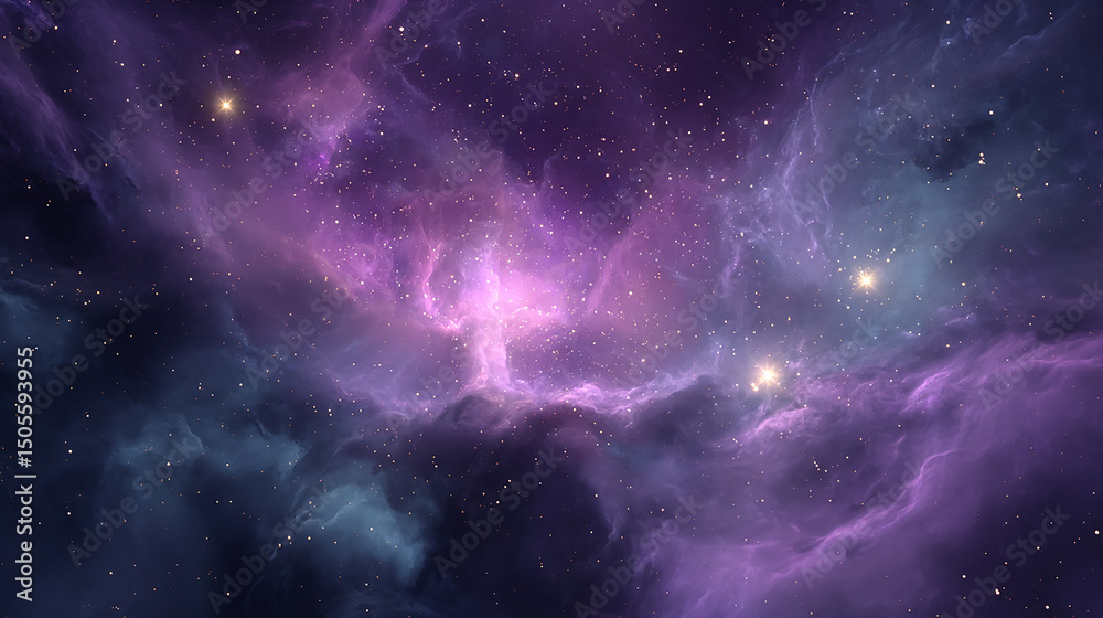 Fototapeta premium A beautiful purple nebula in deep space with bright stars shining through the cosmic dust and gas clouds in the night sky