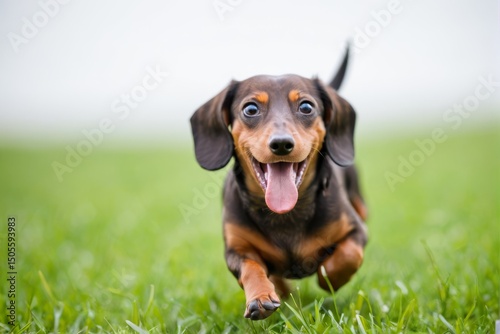 ミニチュアダックスフンドが、嬉しそうに草原を走る、元気な犬