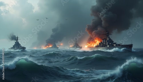 Warships exchanging fire during naval battle
