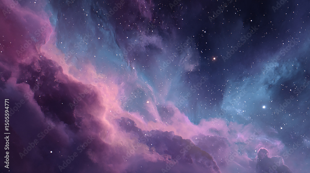 Obraz premium A vibrant cosmic nebula with stars, featuring purple and blue hues, creating a dreamy, ethereal space background for astronomy and science themes