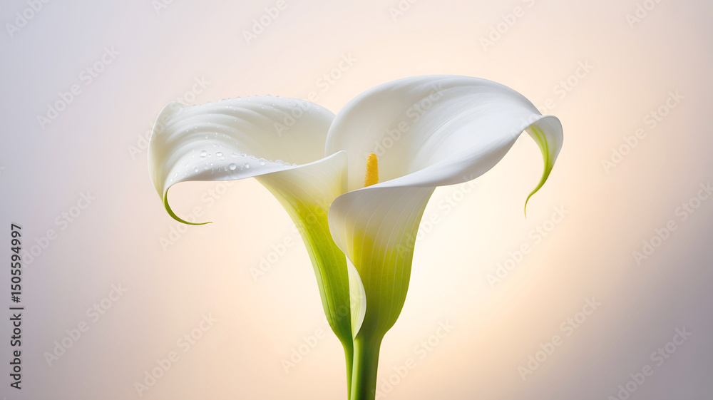 Obraz premium A pair of elegant white calla lilies, with delicate water droplets clinging to their petals, stands gracefully against a soft, gradient background of purple and warm light