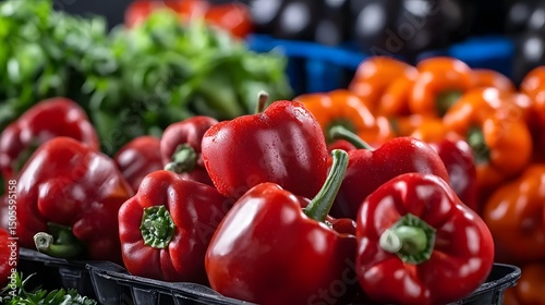 Fresh Red Bell Peppers and Green Vegetables Displayed in a Market with Raindrops on Surface