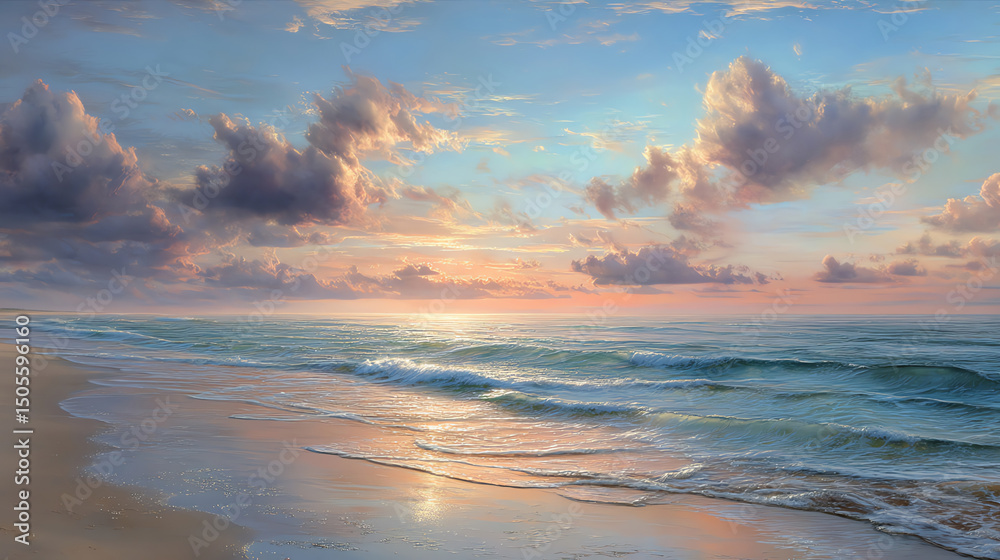 Obraz premium Stunning Beach Sunset with Colorful Sky and Ocean Waves