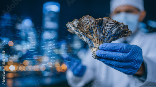 Detailed macro shot of a single psilocybin mushroom in a gloved hand against a sterile laboratory background, emphasizing mycology research and alternative medicine potential of ps