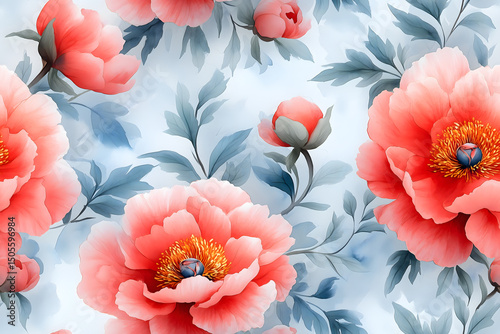 Seamless pattern of beautiful peony flowers with green leaves on a light blue background