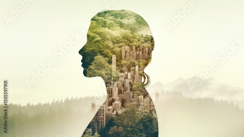 A silhouette of a person with a forest and cityscape superimposed on their head, set against a misty mountainous background.
