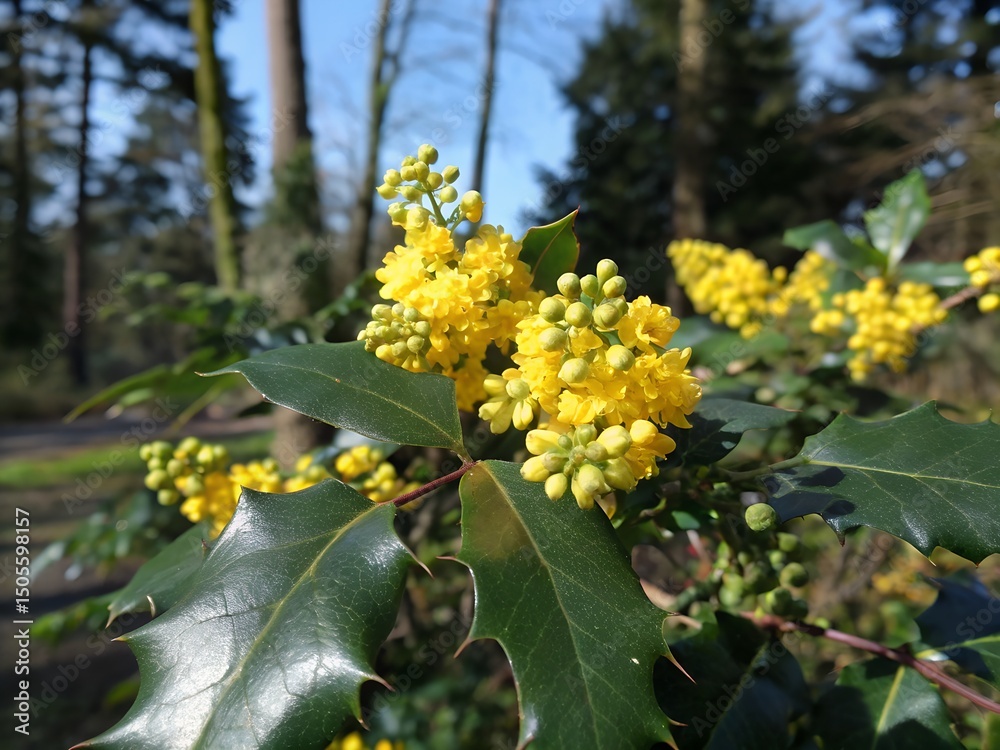 Vibrant yellow Mahonia Oregon Grape flowers bloom, spiky green holly leaves, spring nature garden bright Vibrant yellow Mahonia Oregon Grape flowers bloom, spiky green holly leaves, spring nature garden bright