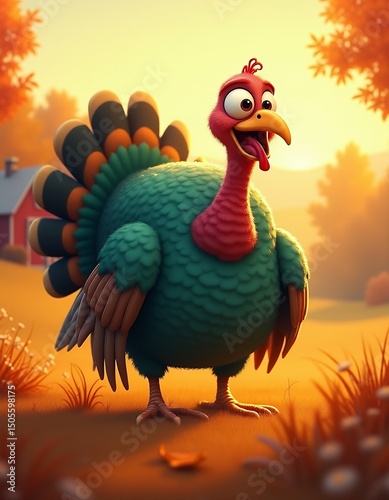 Cheerful cartoon turkey illustration vibrant autumn scene