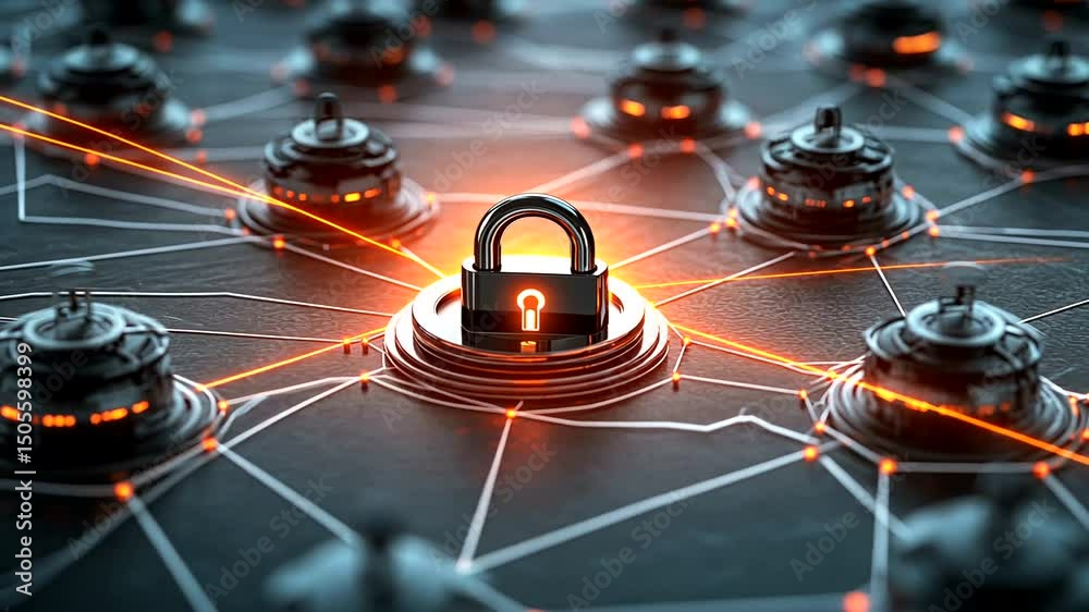 Abstract 3D render of a padlock centered amidst connected elements and glowing orange beams on a dark patterned surface