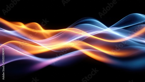Abstract waves of glowing blue and orange light flow across a dark background, creating a vibrant, dynamic visual effect.