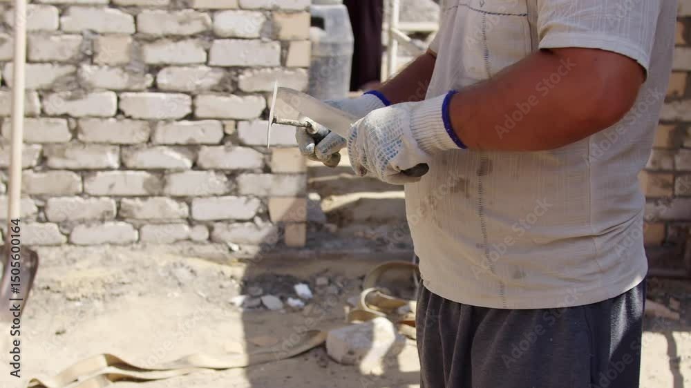 Mason holding trowel and brick at construction site Mason holding trowel and brick at construction site