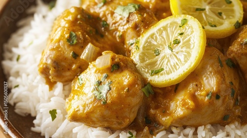 Close-up of Senegalese Yassa Poulet chicken marinated with lemon and onions, served with rice, glossy texture and bright citrus tones,