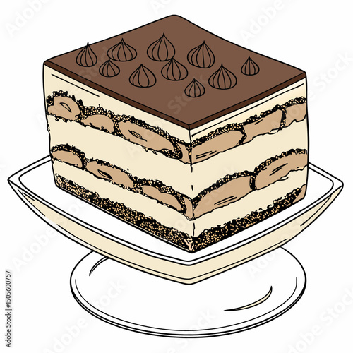 Realistic vector artwork of a delicious Tiramisu dessert, showcasing rich layers and creamy texture—perfect for food-themed designs, menus, and digital projects.