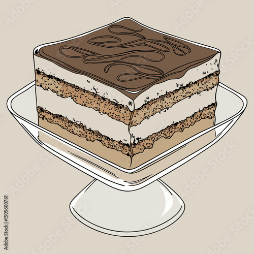 Realistic vector artwork of a delicious Tiramisu dessert, showcasing rich layers and creamy texture—perfect for food-themed designs, menus, and digital projects.