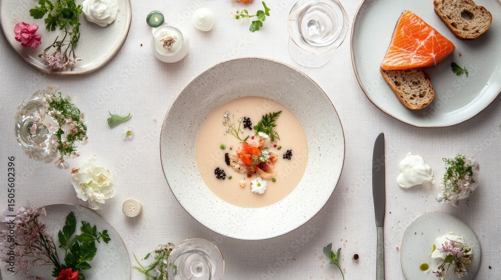 Flat lay of Finnish salmon soup with rye bread, creamy whites and pale pinks, Flat lay of Finnish salmon soup with rye bread, creamy whites and pale pinks,