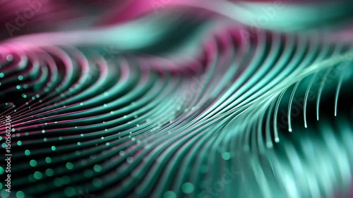 Abstract image of curving teal and pink lines with bokeh dots creating a flowing, textured landscape in a shallow depth of field