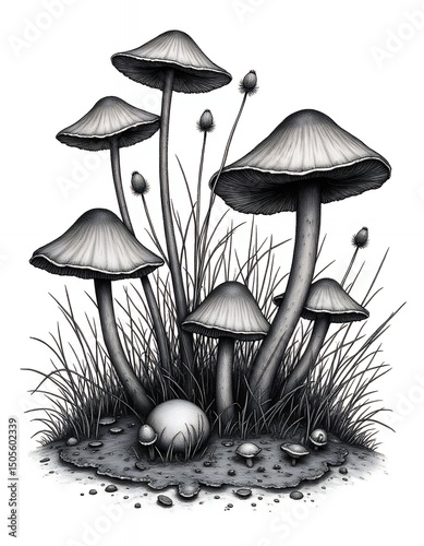 Detailed illustration of mushrooms growing in grass